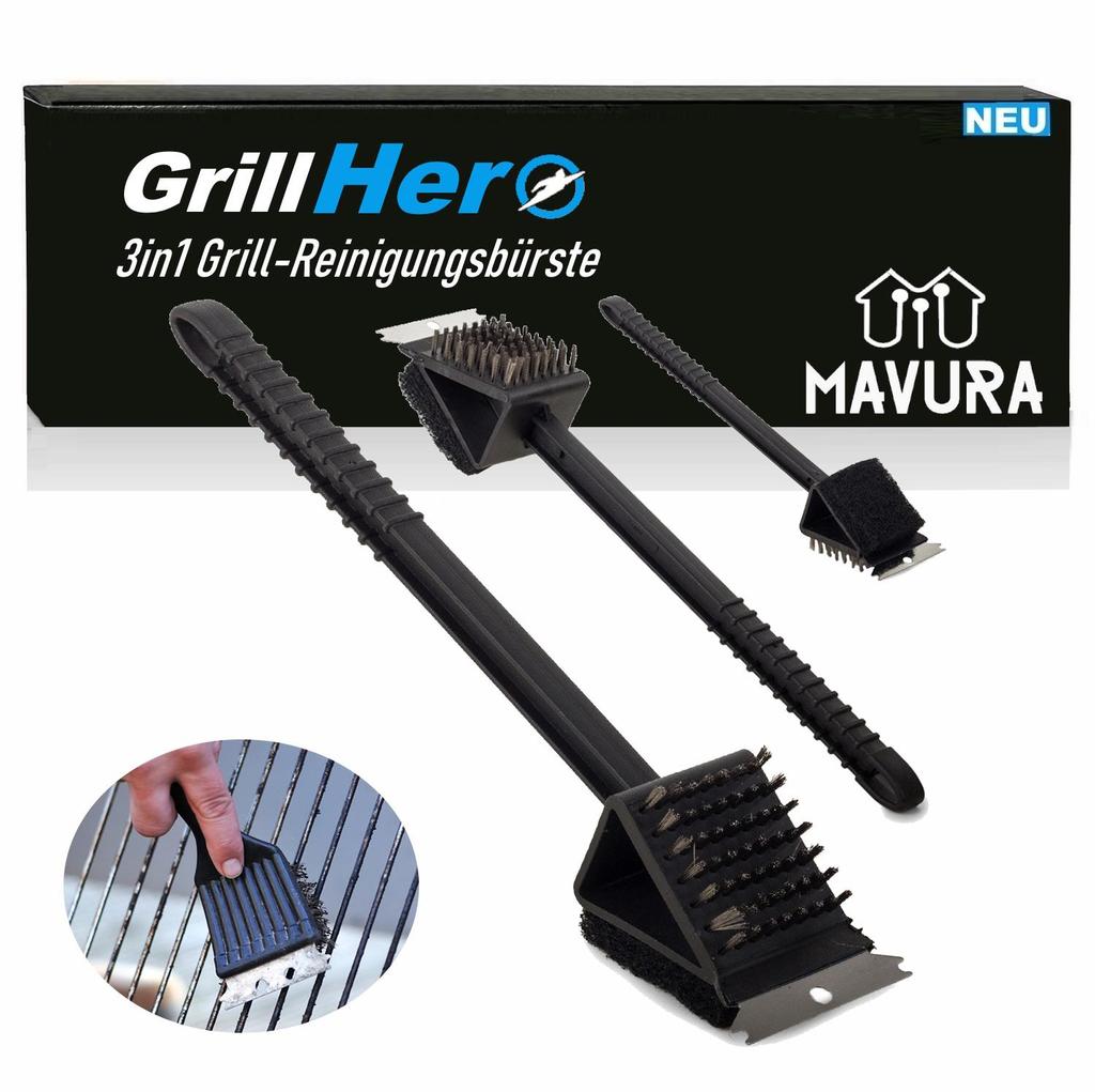 GRILLHERO 3in1 Grillreinigungsbürste Profi Grillbürste Grill Grillrost rostfrei