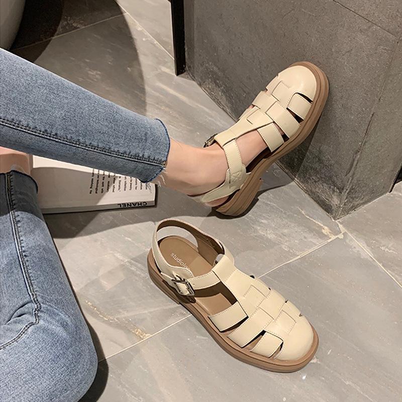 2025 Summer New Roman Sandals Retro Woven Bag Head Thick Heel Thick Sole Retro Flat Roman Sandals Women