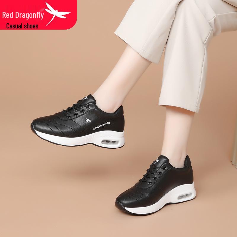 Red Dragonfly Women's Height-Increasing Thick-Soled White Leather Casual Shoes for Spring, Autumn, and Winter
