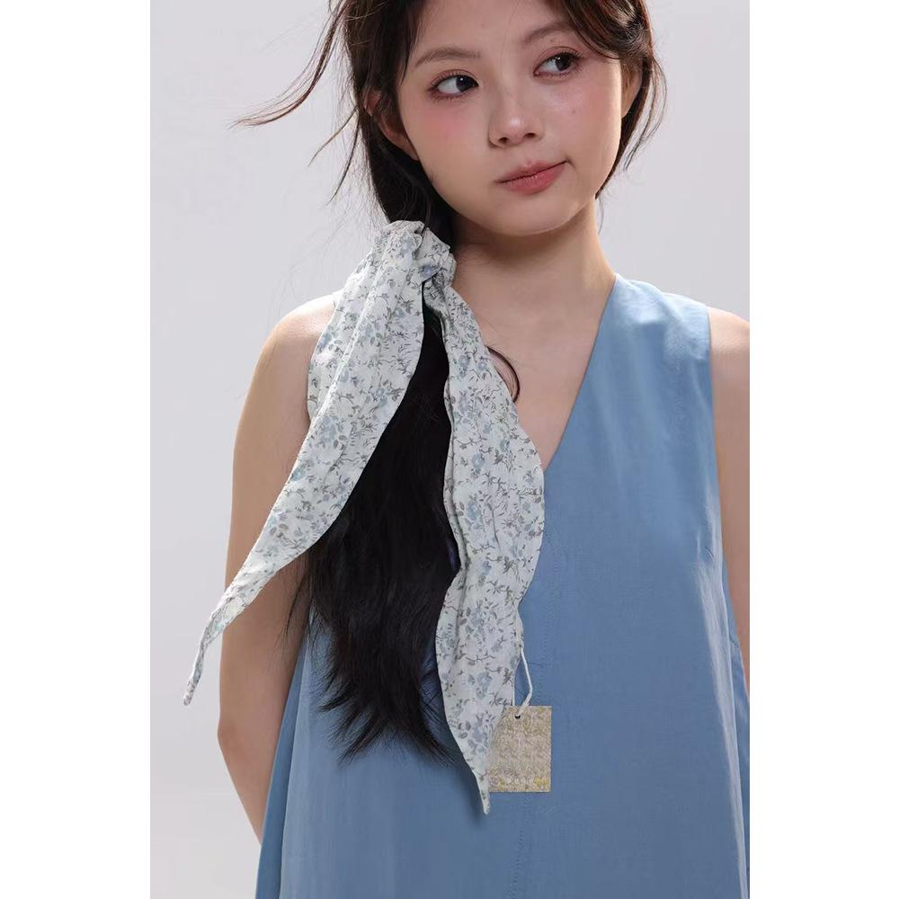 Artistic wear, Korean literary and artistic small silk scarves, ramie neck protectors, decorative floral head scarves, wide streamer tied silk scarves