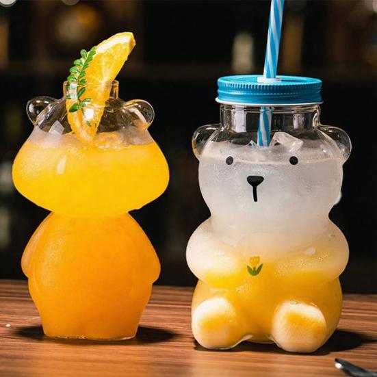 Medvědí skleněný pohár s víčkem a brčkem Opakovaně použitelný medvědí brčkový pohár Roztomilý skleněný tumbler na kávu, pivo, víno, koktejl