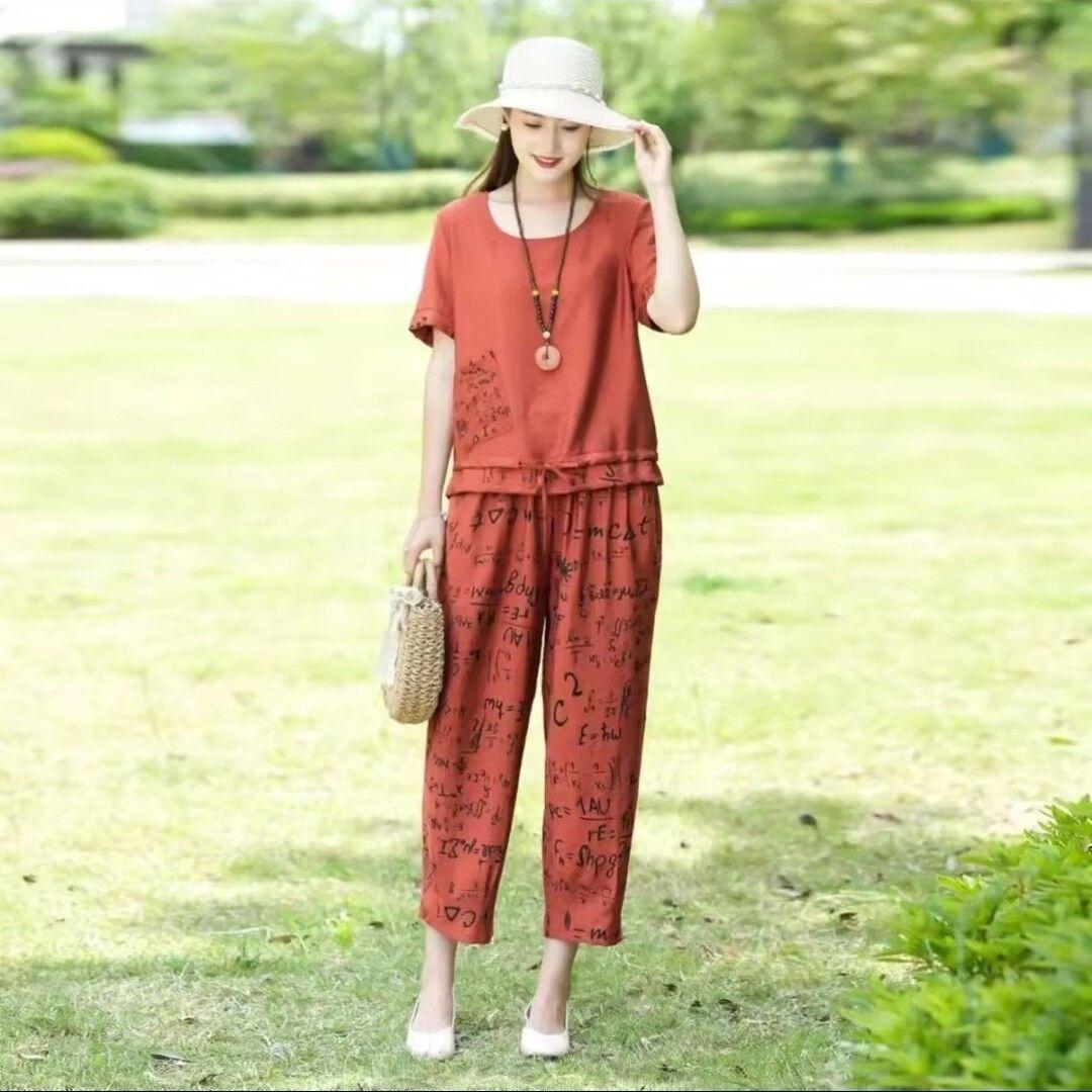 

Женский повседневный комплект из хлопка и льна с коротким рукавом, укороченный брючный костюм Harlan, летняя мода, комплект из 2 предметов, большой размер L оранжевый