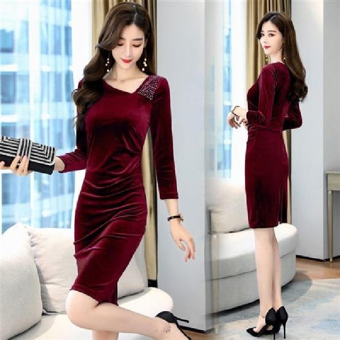 Autumn new fashion temperament slim and thin golden velvet dress medium and long hip skirt tide