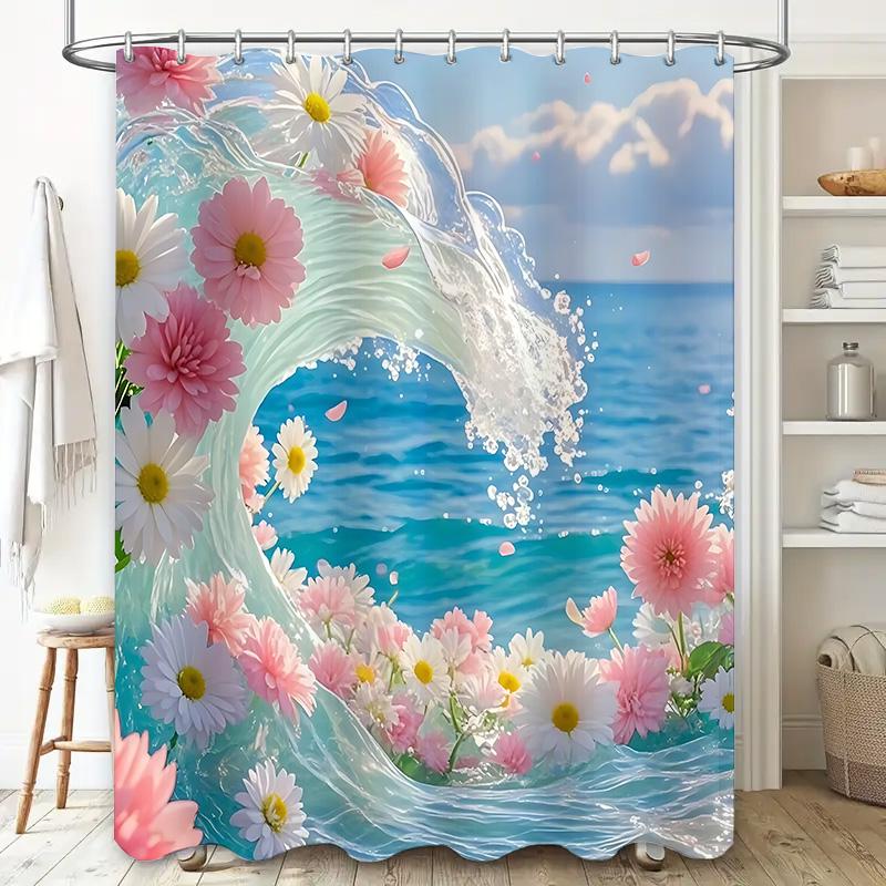 Flowers And Waves Shower Curtain For Bathroom Decor - Watercolor Floral Design With Blue Ocean Background Waterproof Durable