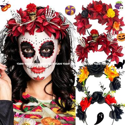 Fascia Gotica di Halloween con Rosa e Teschio - Copricapo Giorno dei Morti