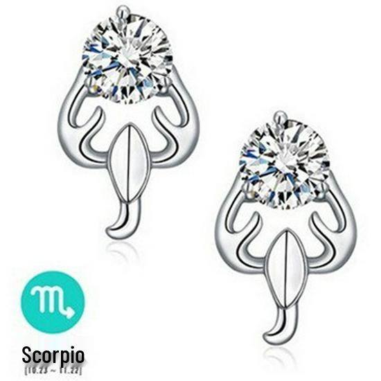 White Copper Silver-Plated Retro Zodiac Stud Earrings with Zircon Stones
