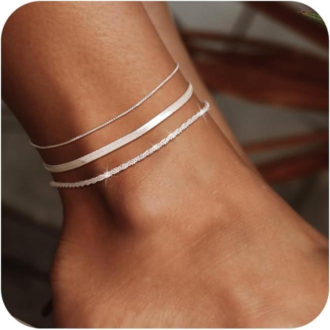 Braccialetti Cavigliera in Argento Sterling 925 per Donna Impermeabili Sottili Stratificati Catene Caviglia Cavo Intrecciato Perline Set di Cavigliere da Spiaggia