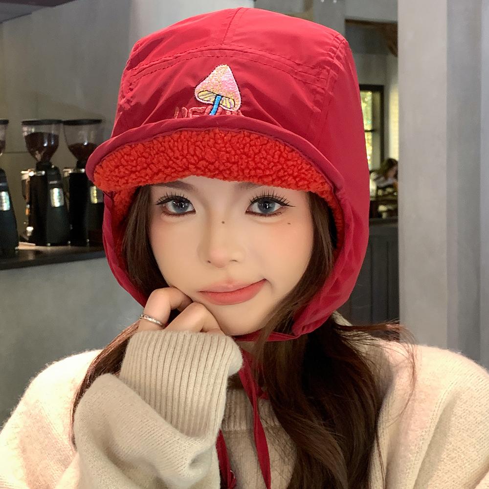New Pilot Style Hat Fashioh Winter Cap Mushroom Embroidery Warm Bomber Hat Caps For Women Solid Color Girl Hats