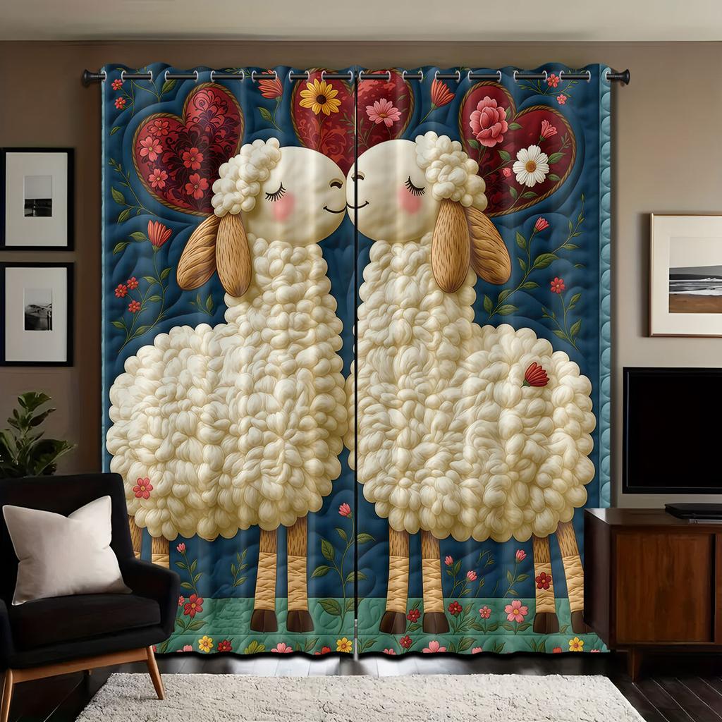 2pcs Cute Cartoon Sheep Print Perforated Blackout Curtains In Multiple Sizes For Living Room And Bedroom Insulation Decoration