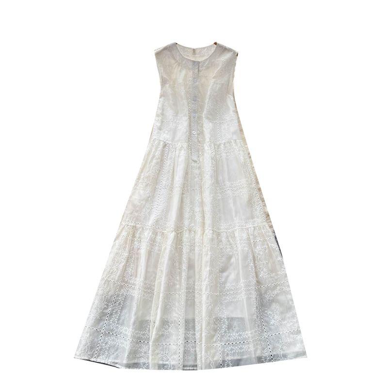 Retro Palace Style Sleeveless Dress Women Summer Jacquard Hollow Loose Meat Covering Design Sense Immortal Big Hemline Long dress