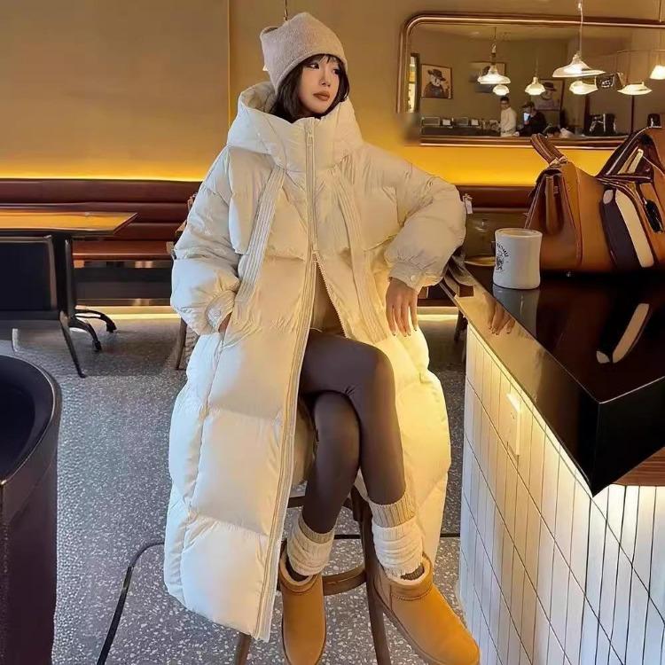 

Зимняя теплая женская куртка с белым утиным пухом, длинное пальто с капюшоном, воротник-стойка, свободного кроя, однотонная пуховая куртка M бежевый
