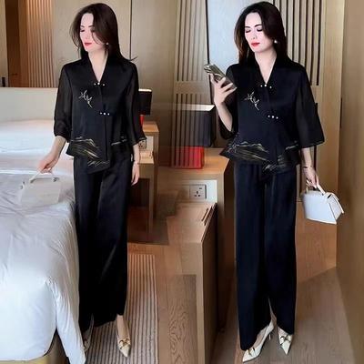 Chinese Style Buckle Fashion Suit Women's Summer Slimming National Style Top Wide Leg Pants Two-piece Set