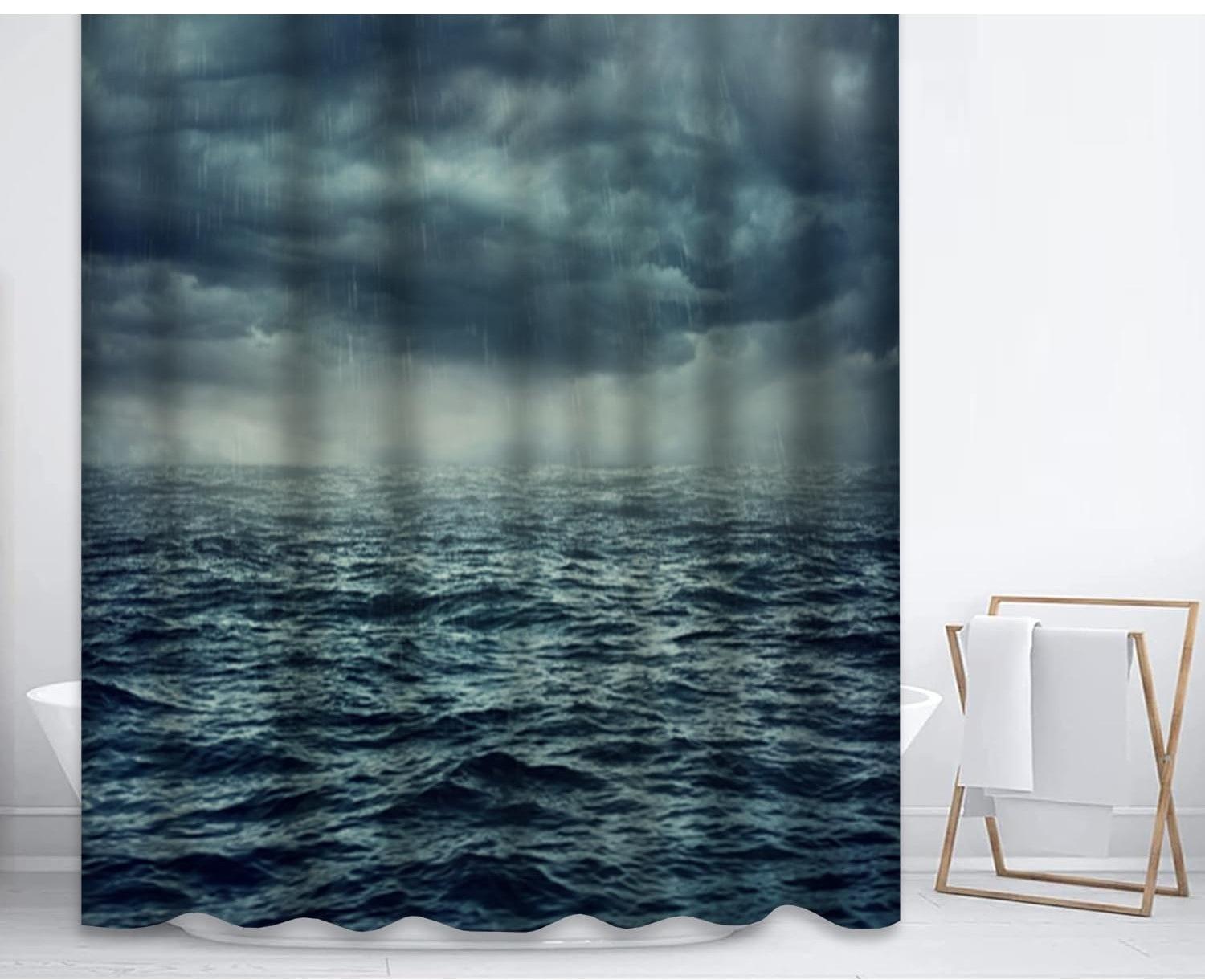 

Stormy Ocean Bath Curtain - Dramatic Waves & Dark Clouds, Waterproof Home Decor Adds Intense Atmosphere to Your Bathroom W90XH180cm