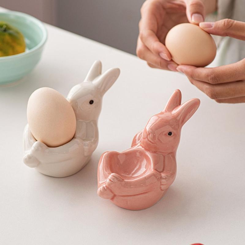 Cute Rabbit Shaped Boiled Eggs Cup Ceramic Eggs Holder Easter Decorations Eggs Display Stands for Party Dinner Table
