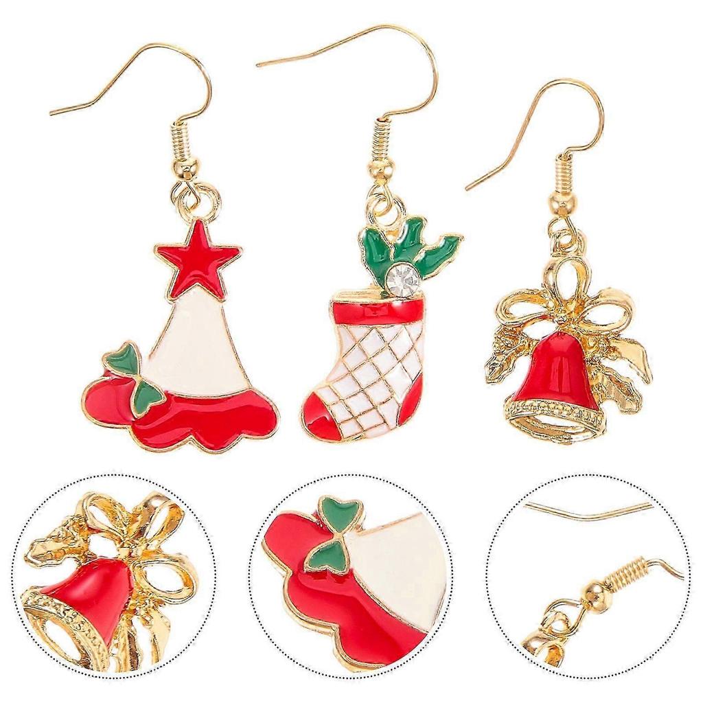 3 Pairs Xmas Tree Earrings Xmas Bell Earrings Xmas Hat Earrings Decorative Earrings Dangle Earrings