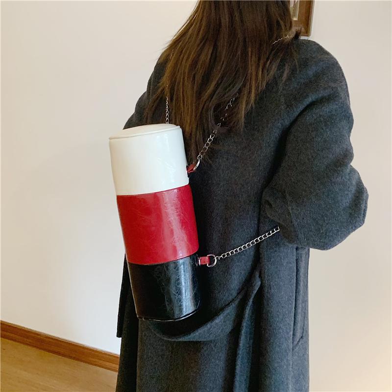 Bolsos de Hombro con Cadena de Moda Para Mujer Color de Contraste Cuero Pu Bolso de Mano Costura Tricolor Bolso Cilíndrico Casual Pequeña Capacidad Bolso Cruzado