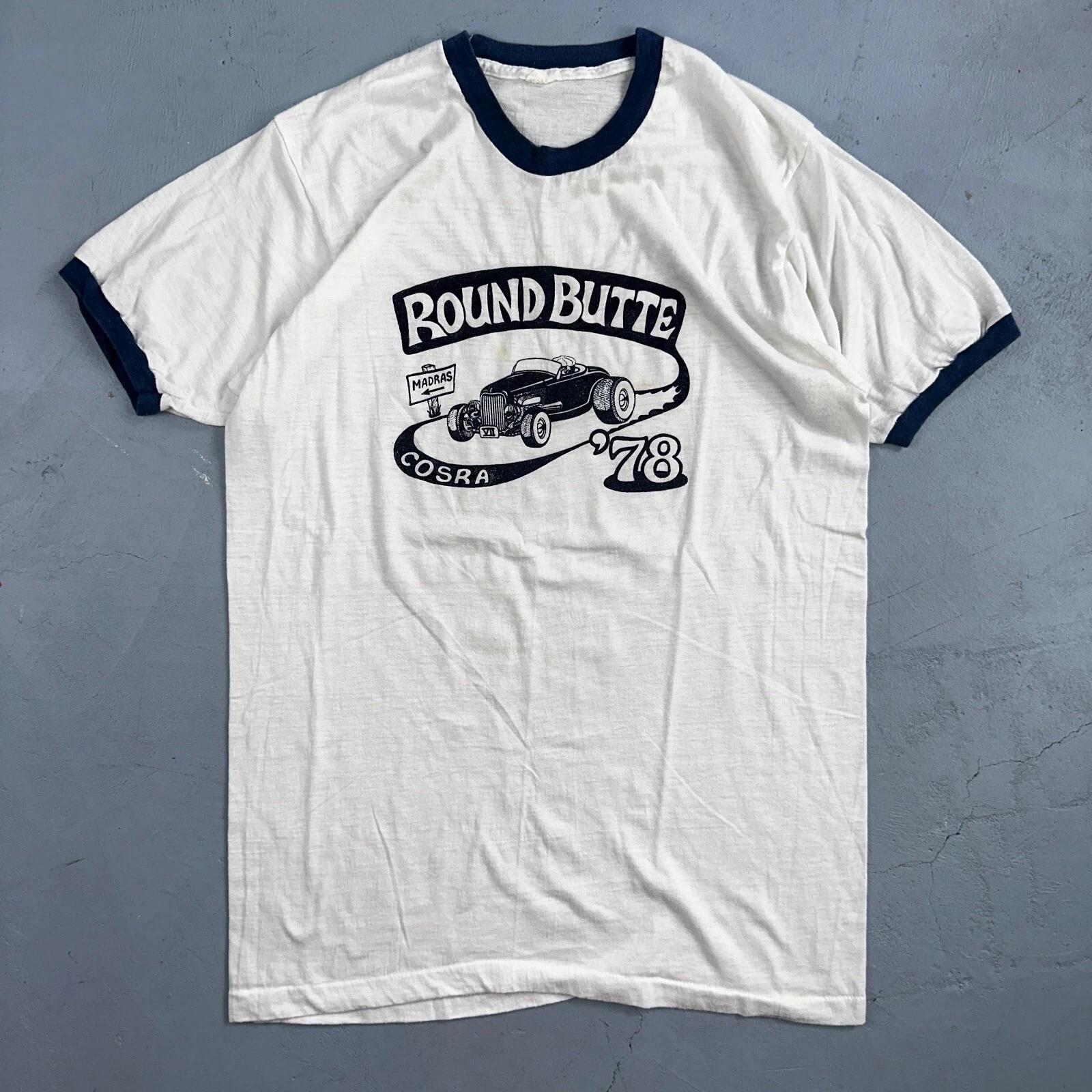 

Round Butte Oregon 1970s VTG T Shirt 1978 Rockabilly Ringer Cars Hot Rod PDX Art L