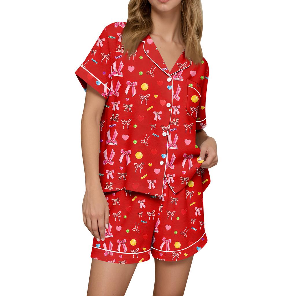 Damen Casual Mode Weihnachts-Print Kurzärmeliges Hausanzug-Set mit Knopfleiste, Kurzarm-T-Shirt und Shorts