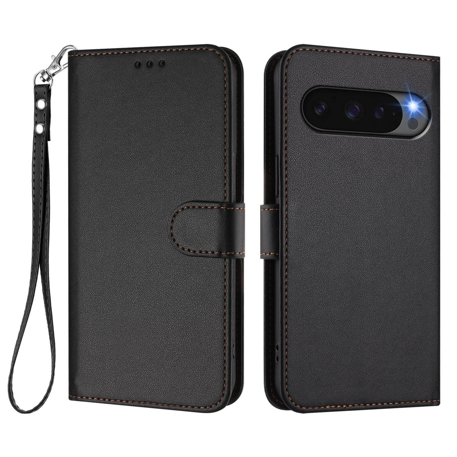 

For Google Pixel 9 Pro XL/Google Pixel 10 Pro XL Leather Case Wallet Stand Phone Cover with Wrist Strap Black