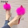 Eilyken Women Feather Transparent High Heels Fur Pumps Slippers Peep Toe Mules Pumps Slides White Ladies Shoes
