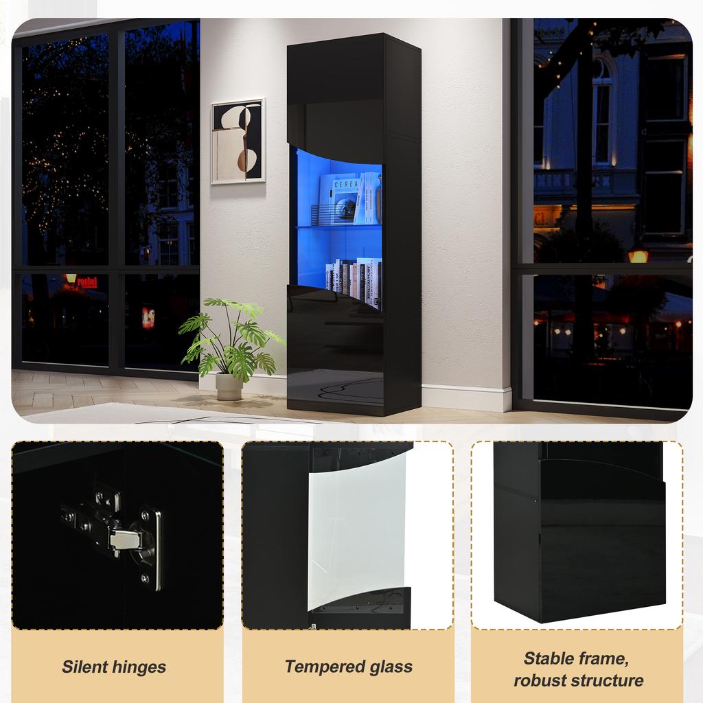 Vetrina da Soggiorno 35*50*165cm, Finitura Lucida (Porte), Alto, Ampio Spazio di Archiviazione e Illuminazione a LED, Design della Superficie Ondulata ad Arco Concavo, Nero