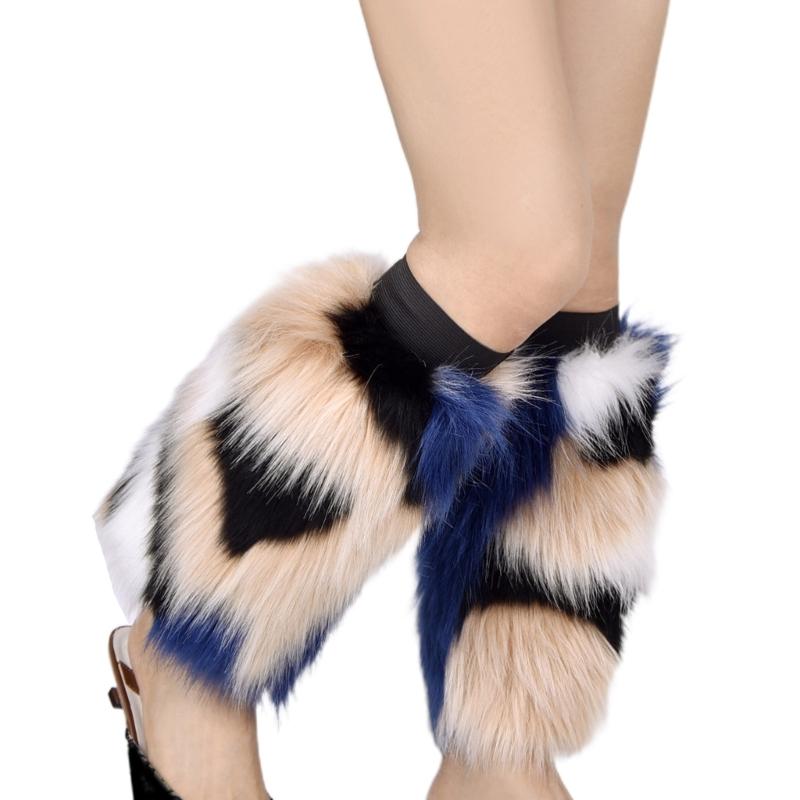 Womens Rainbow Colorful Furry Leg Warmers Autumn Winter Vintage Faux Fur Plush Boot Covers Cuffs Hipster Warm Socks