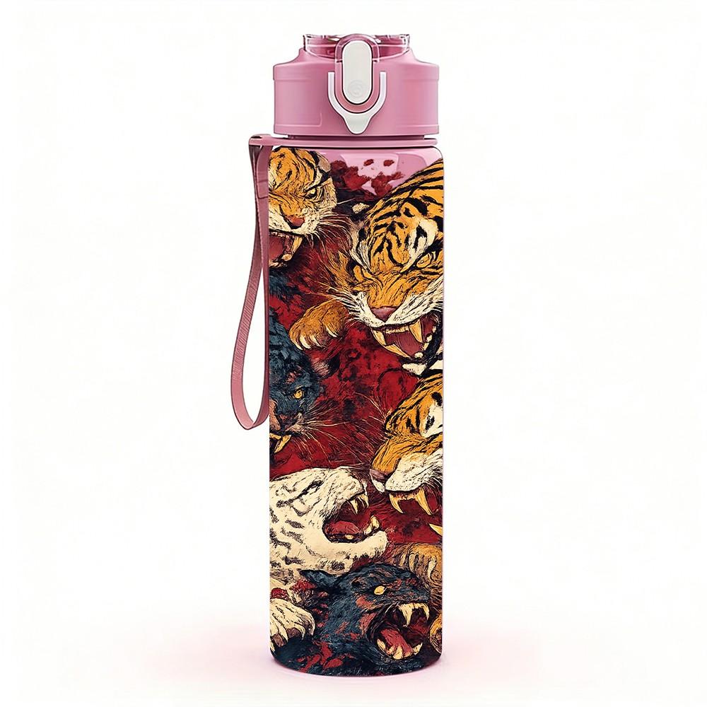 1PC Dual Tiger Head Wild Animal Art Print 750ml Color Plastic Sports Water Bottle Leakproof Flip Straw Lid Suitable for Sports Office Home Use
