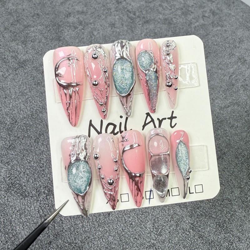 3D Embossed Gel Nail Tips Long Pointed False Nails Sweet Cool Gradient Metallic Press-On Women Extra Small