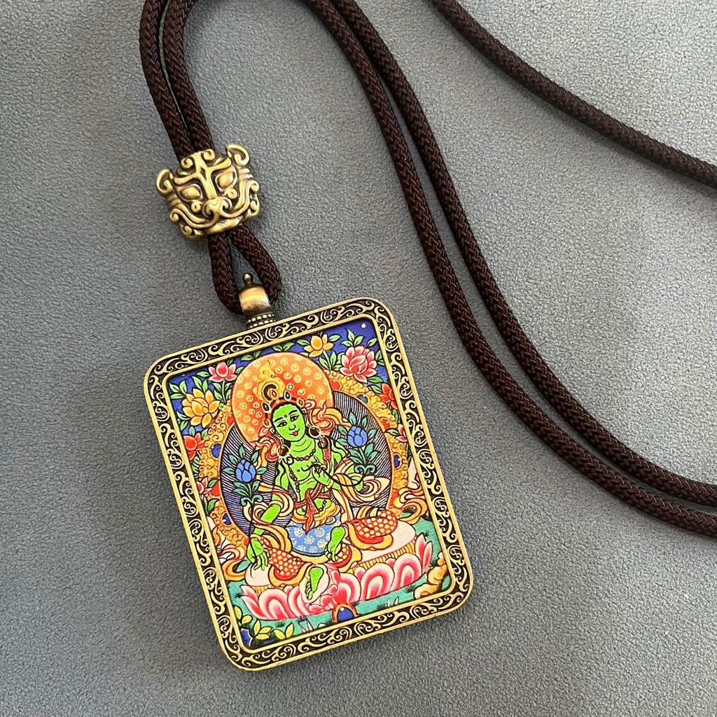 Thangka Pendant Necklace - Yellow & Black Guardian Buddha Amulet