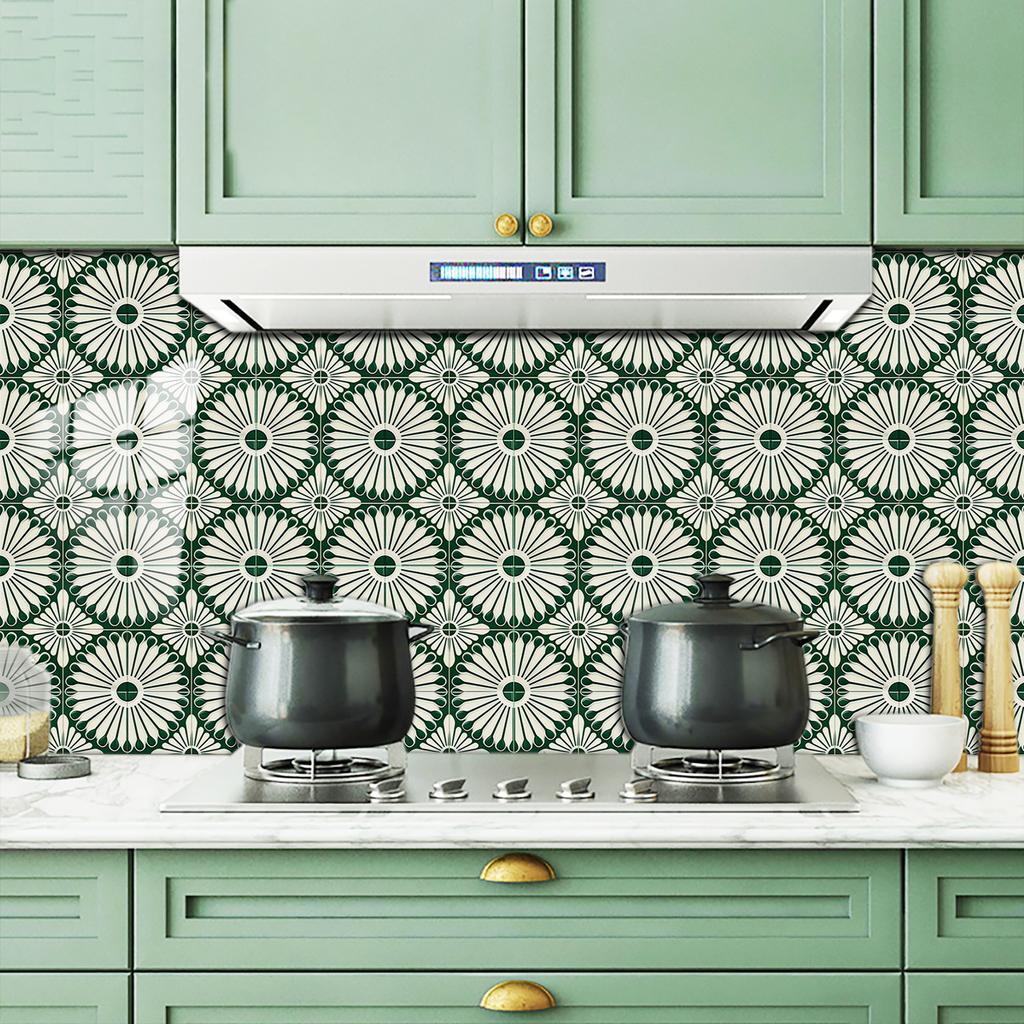 10Pcs Vintage Green Tile Stickers Glossy Self-Adhesive Sunflower Pattern Wall Floor Decals Kitchen Backsplash Home DIY Decoration