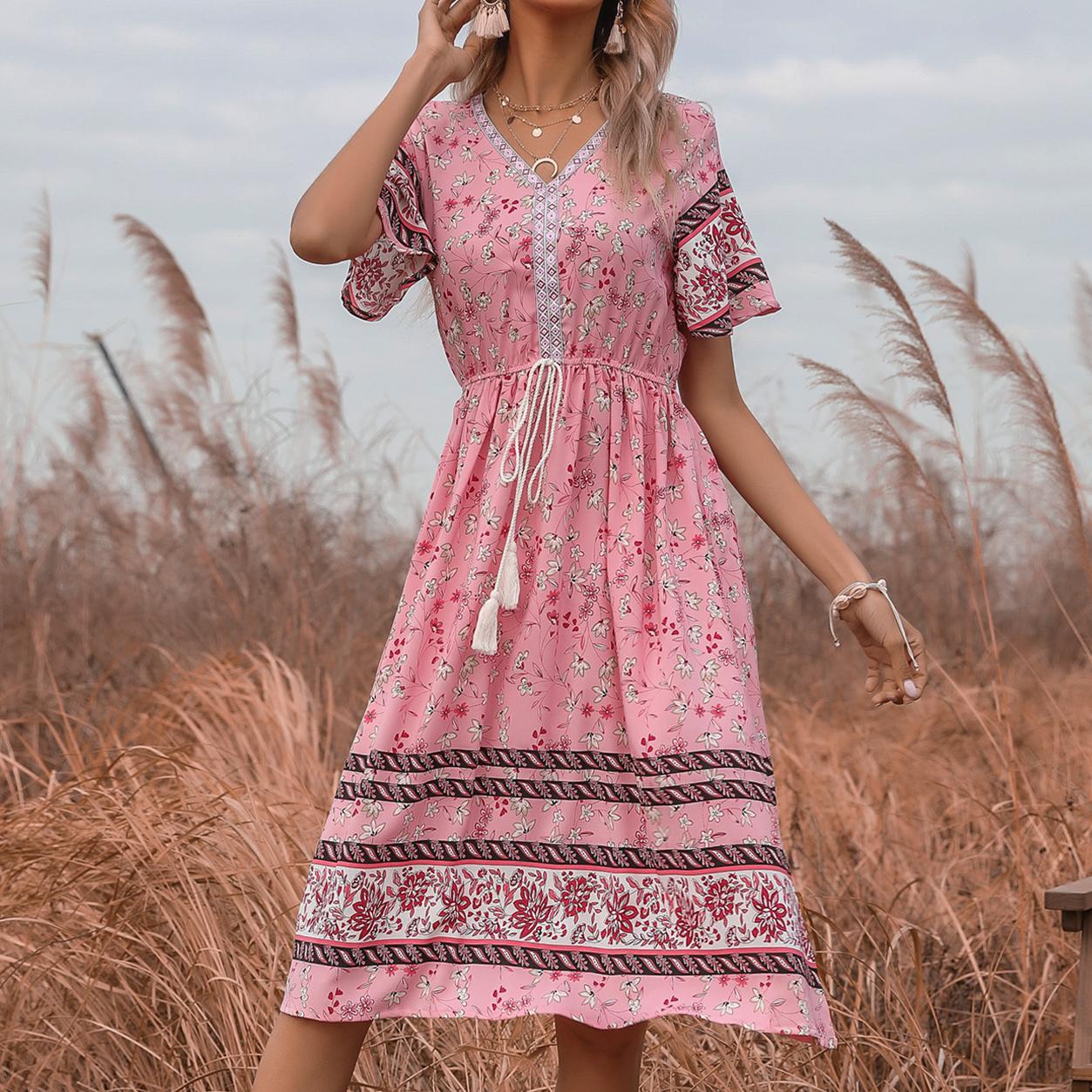 

YYFS женские винтажные богемные летние весенние повседневные платья с короткими рукавами и v-образным вырезом с цветочным принтом XL розовый