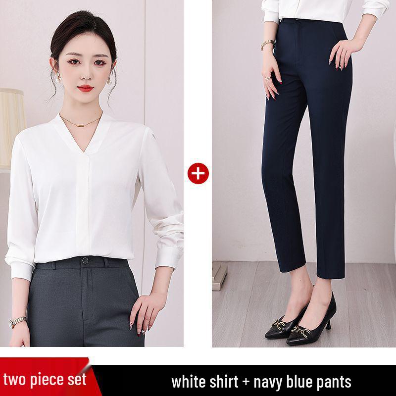 Formelles Damen-Anzugset mit V-Ausschnitt Chiffon Weißes Hemd