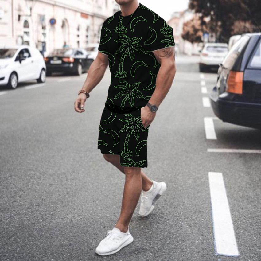 Set de două piese pentru bărbați și tineri, tricou și pantaloni scurți Hawaii, la modă, casual, pentru vacanță, la modă, set de imprimare 3D de stradă