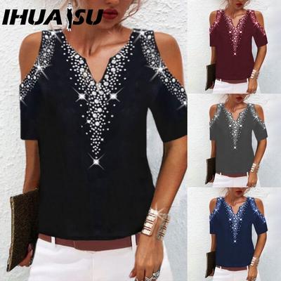Damenmode, lässig, einfarbig, kurzärmelig, V-Ausschnitt, Blusen und Hemden