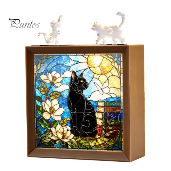 Wooden Photo Frame Base DIY Acrylic Cat Puzzles Night Light, Hand-Assembled Stained Glass Style Jigsaw Lamp with Personalized Handmade Presents Decor,
