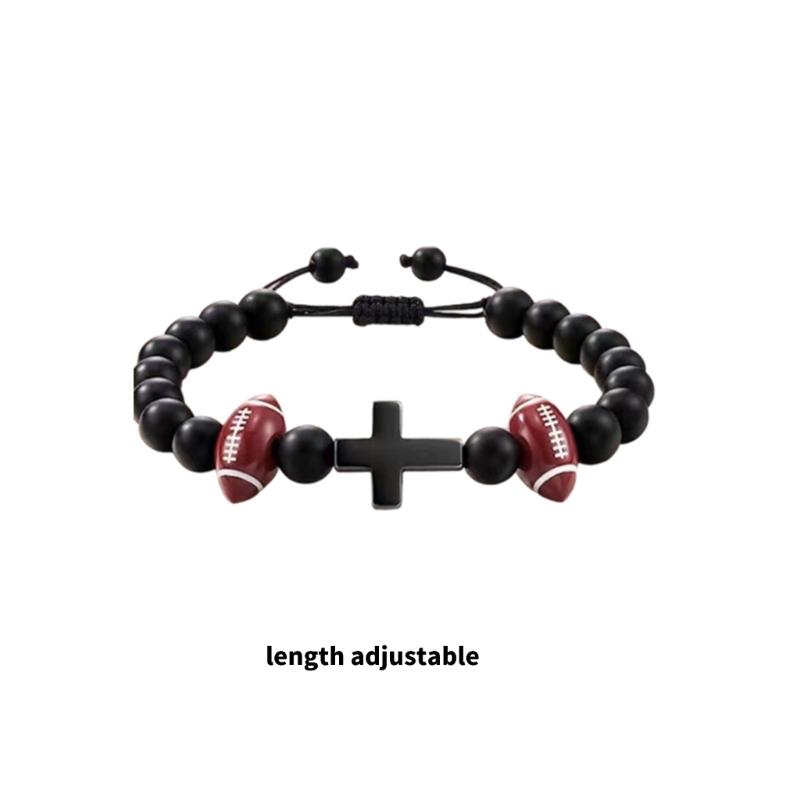 Sports Themed Wooden Crucifix Bracelet For Men Natural Wood Beads Black Woven Cord Inspirational Jewelry Gift