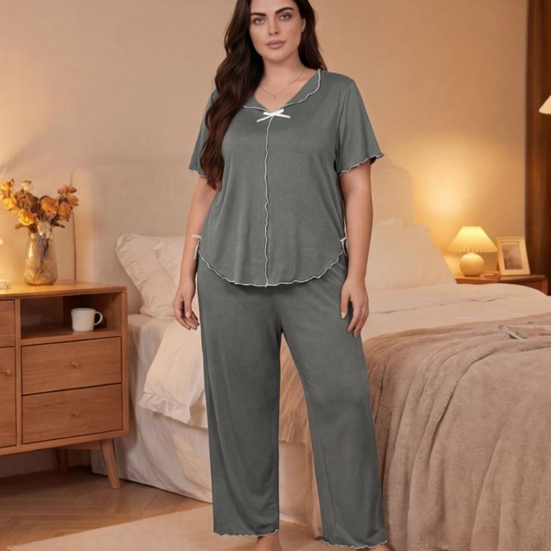 Women Loose Solid Color Short Sleeve Two Piece Bow Pajama Set Casual Summer Loungewear