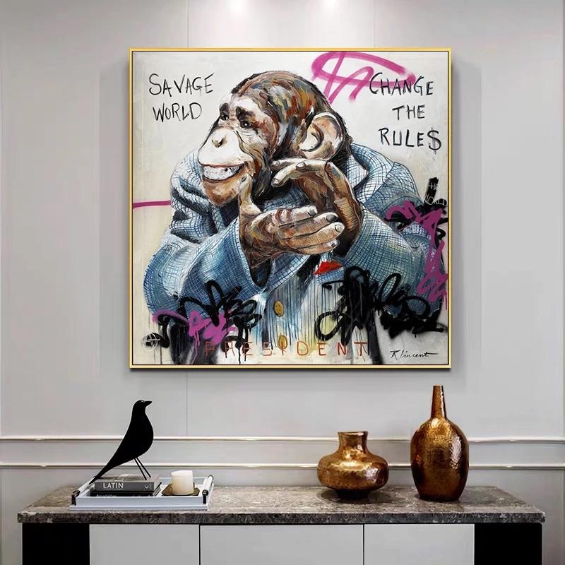 Modern Graffiti Art Animal Monkey Chimpanzees Glasses Posters and Prints Canvas Painting Wall Art Pictures for Living Room Decor