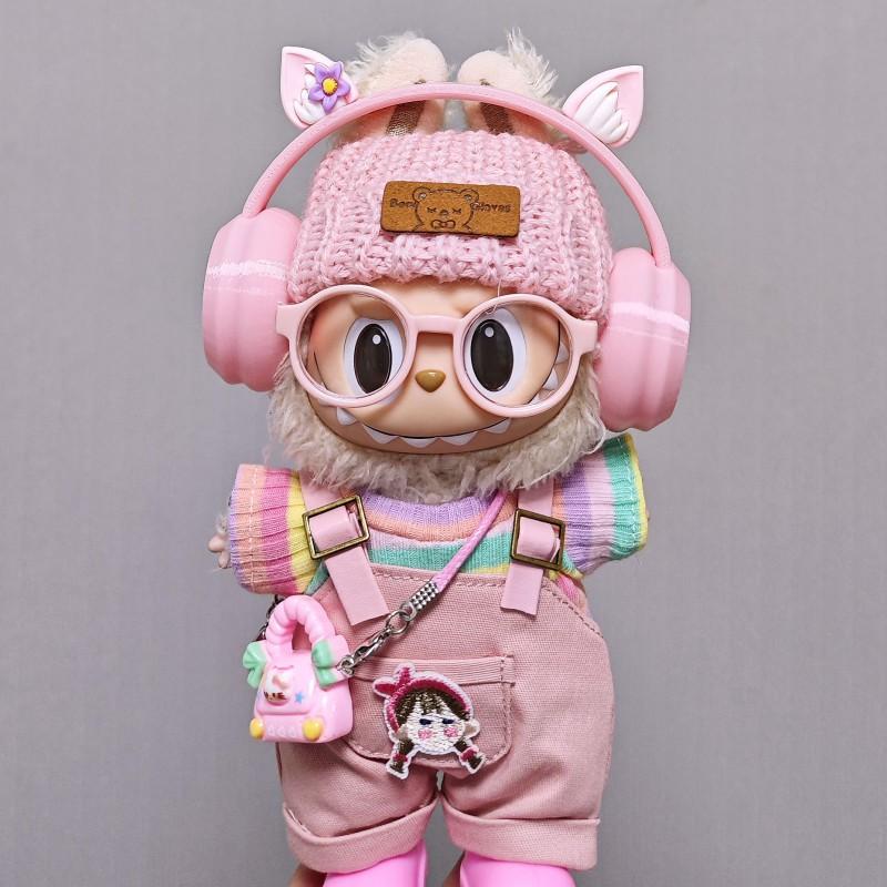 15cm 17cm Labubu Doll Outfit Set Pink Overalls With Ears Accessories 7pcs Fashion Clothing Collectible Dolls