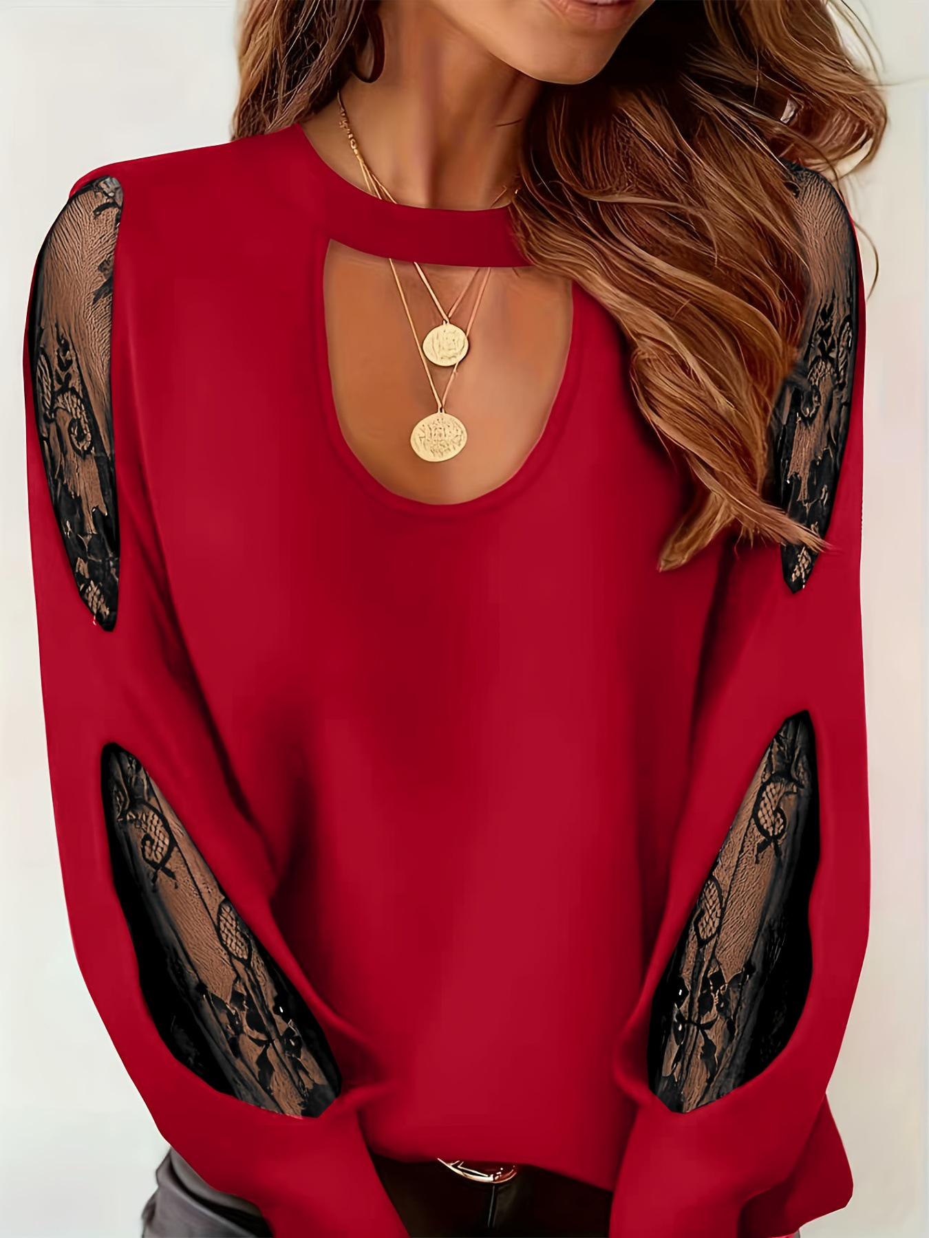 Women s Elegant Lace Patchwork Color Block Round Neck Pullover S