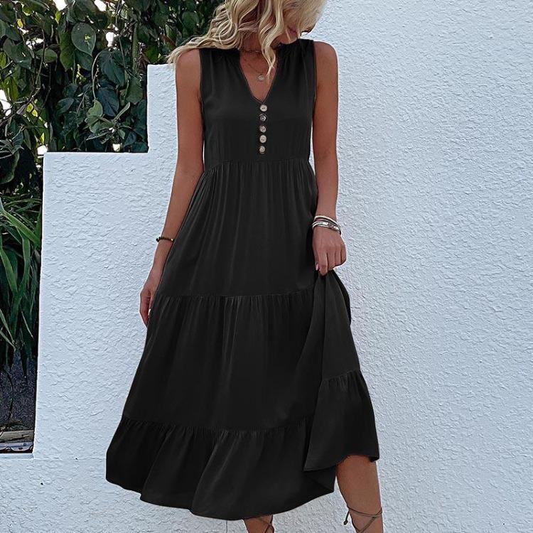 Summer Women Dress Sleeveless V Neck A-Line Knee-Length Solid Color