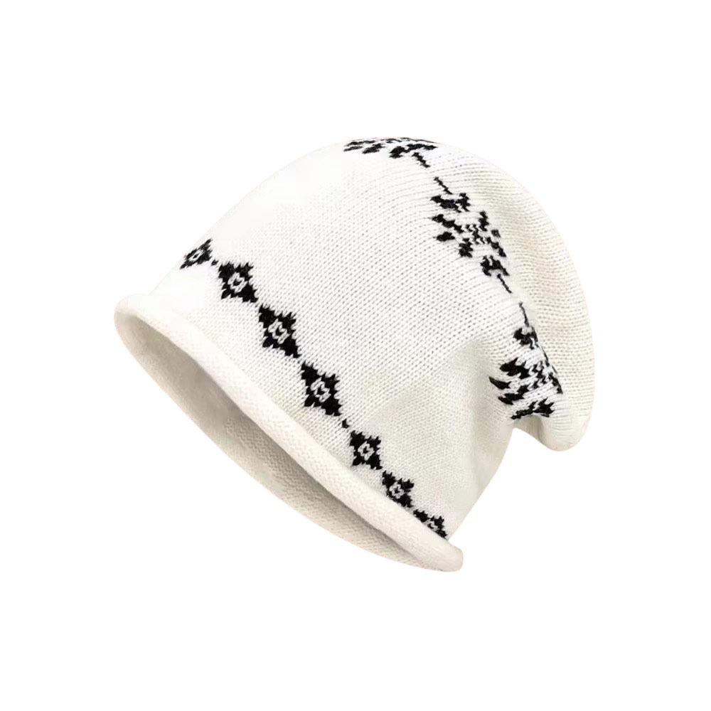 

Retro Knitted Jacquard Knitted Hat Printed Design Curled Edge Beanies Hat Warm Ear Protection Hat бежевый