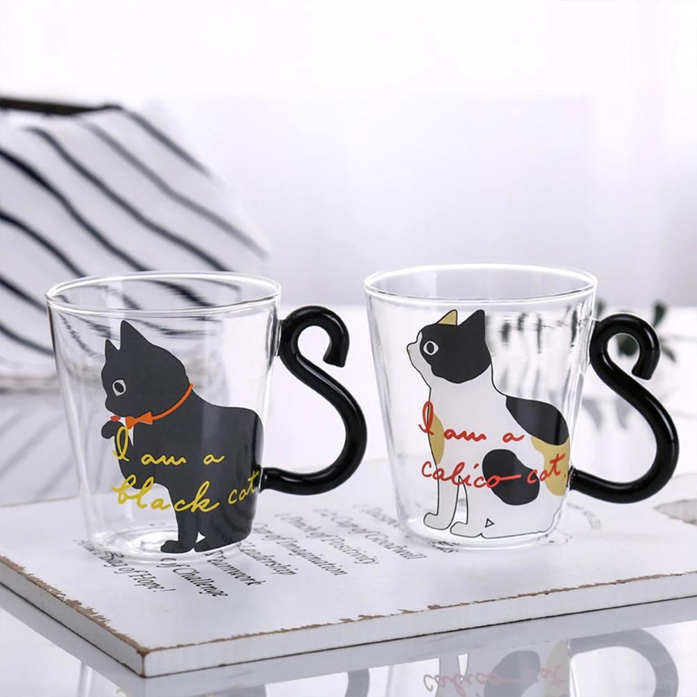 Creative Glass Water Cup With Handle Cute Cat Design Cartoon Two Styles Of Repeated Printing For Coffee And Milk Drinks