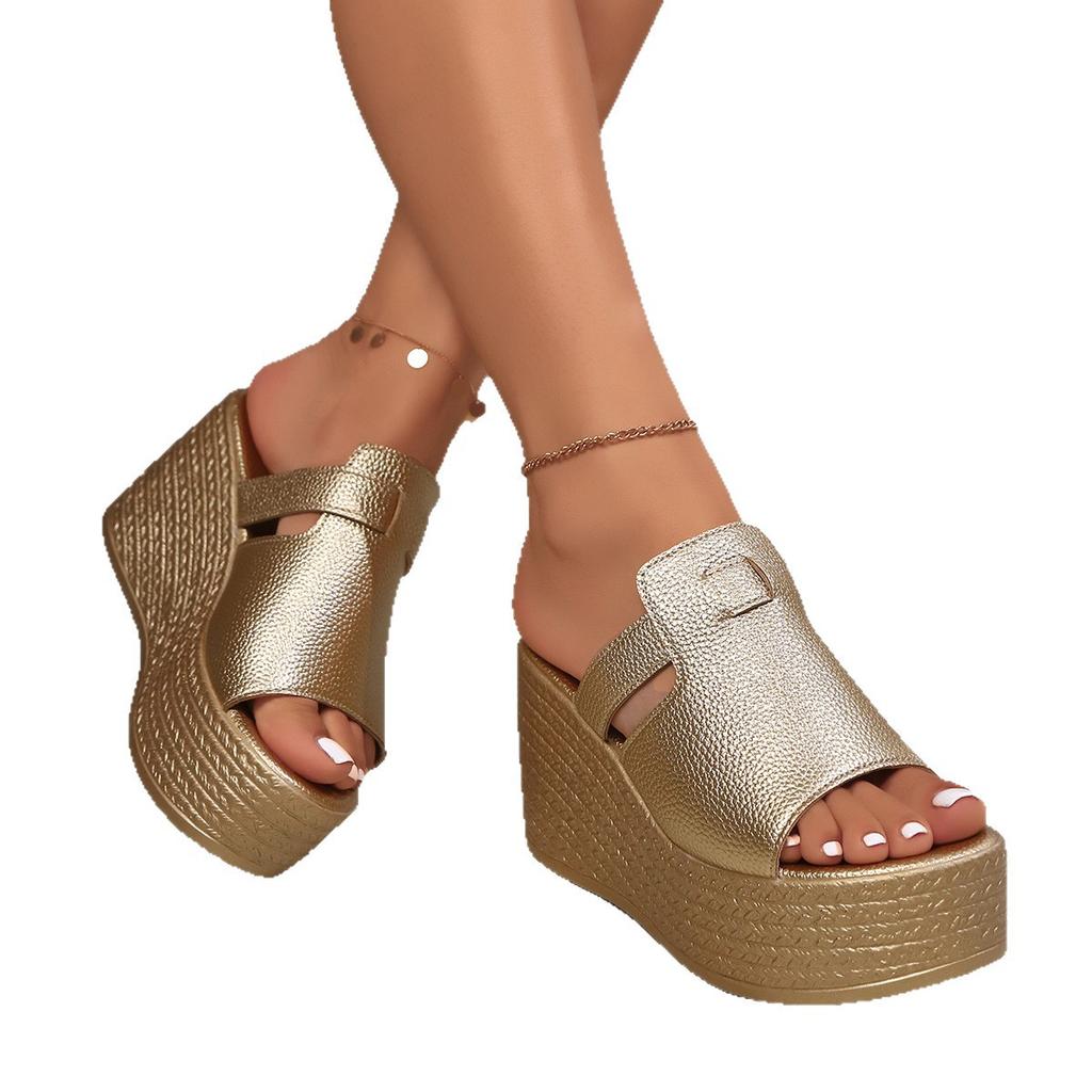 thick-soled muffin one-word cool slippers women's large-size wedge sandals fish mouth high-heeled slippers