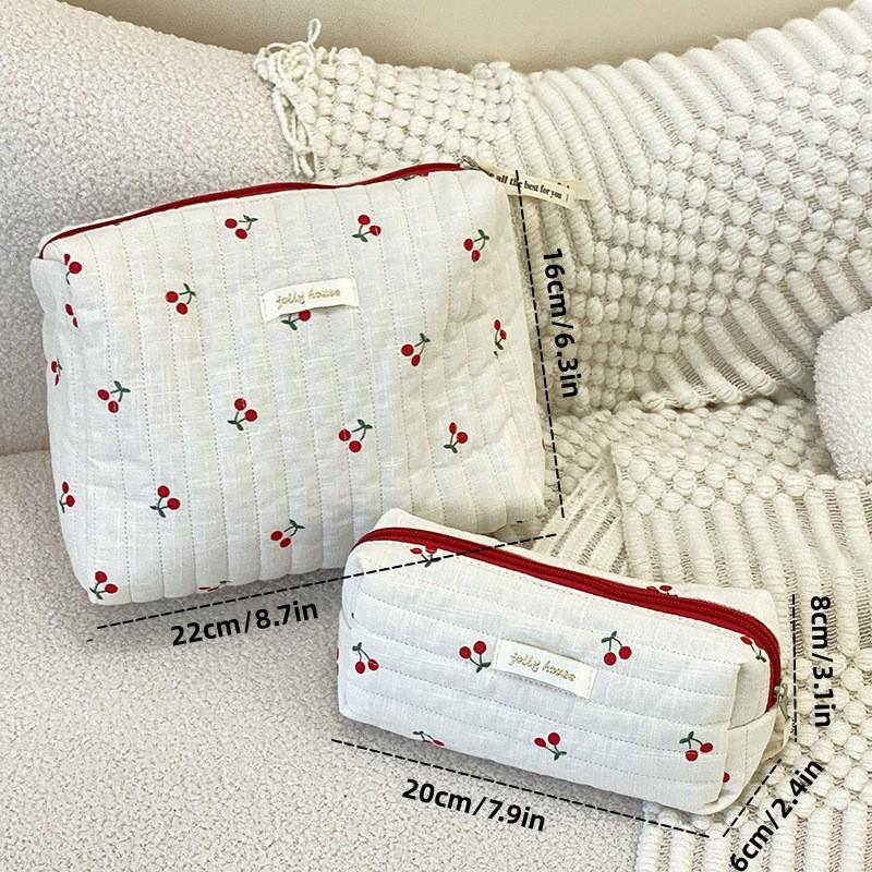 Ladies Cotton Quilted Makeup Bag Large Capacity Cherry Printed Travel Toiletry Storage Bag Cute Women's Cosmetic Bags