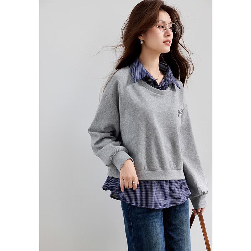 VICTORIA&VERA Women's Faux Two-Piece Plaid Sweatshirt