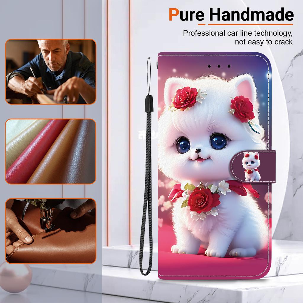 Handmade PU Leather Flip Case for Samsung Galaxy A25 (SM-A256E/A256B)- Anti-Slip Shockproof Cover with Wrist Strap & Heart/Rose Cat Designs