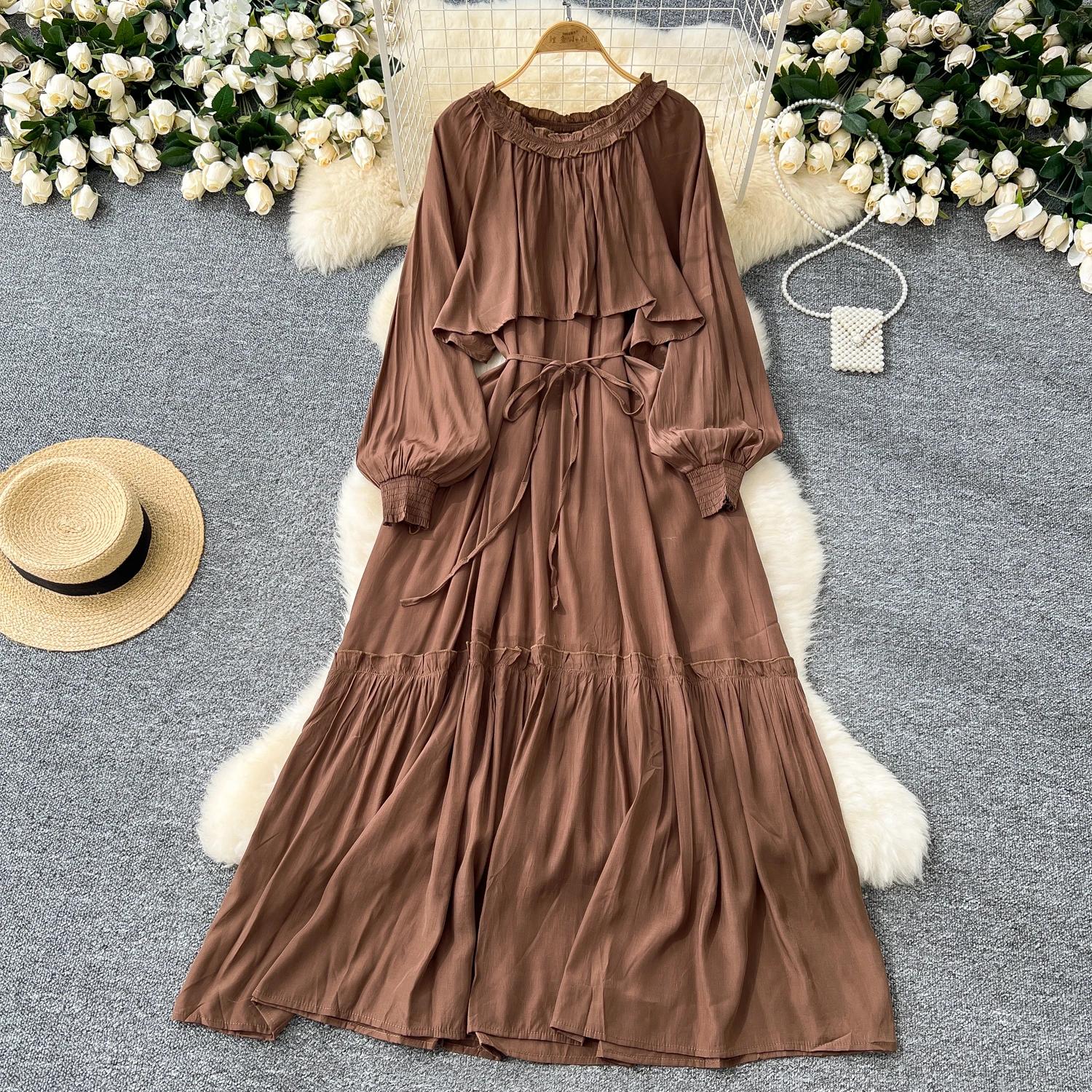 

Элегантные асимметричные платья с оборками в винтажном стиле, с круглым вырезом, шикарные, с длинным рукавом, с кружевной шнуровкой, французские вечерние, для улицы, осенняя одежда One Size кофейный