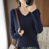 Women's Cotton V-neck Long Sleeve Knit Top - Slimming, Versatile, Solid Color for Spring & Autumn