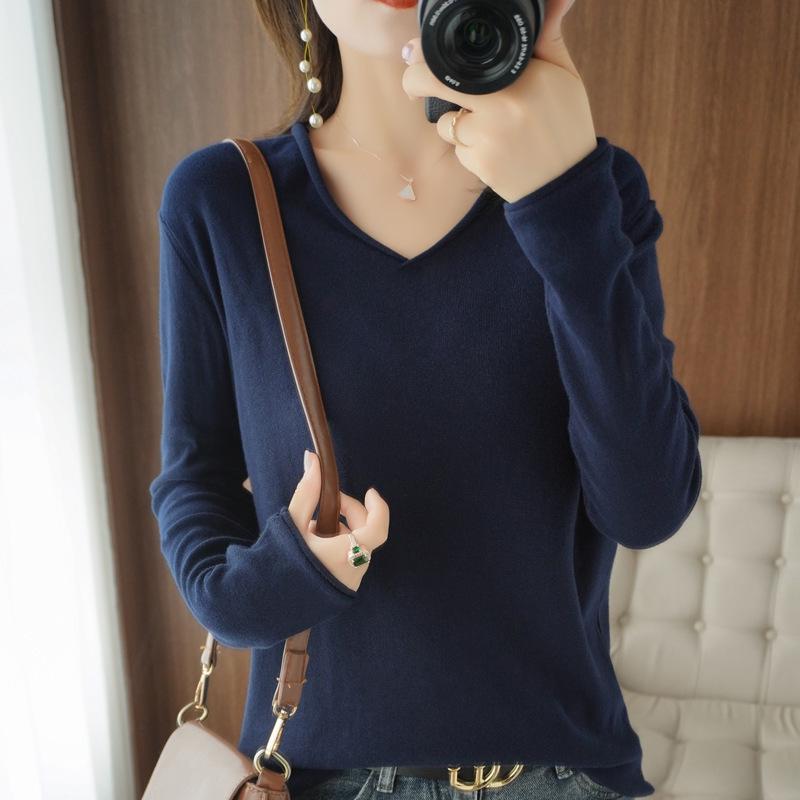 Women's Cotton V-neck Long Sleeve Knit Top - Slimming, Versatile, Solid Color for Spring & Autumn